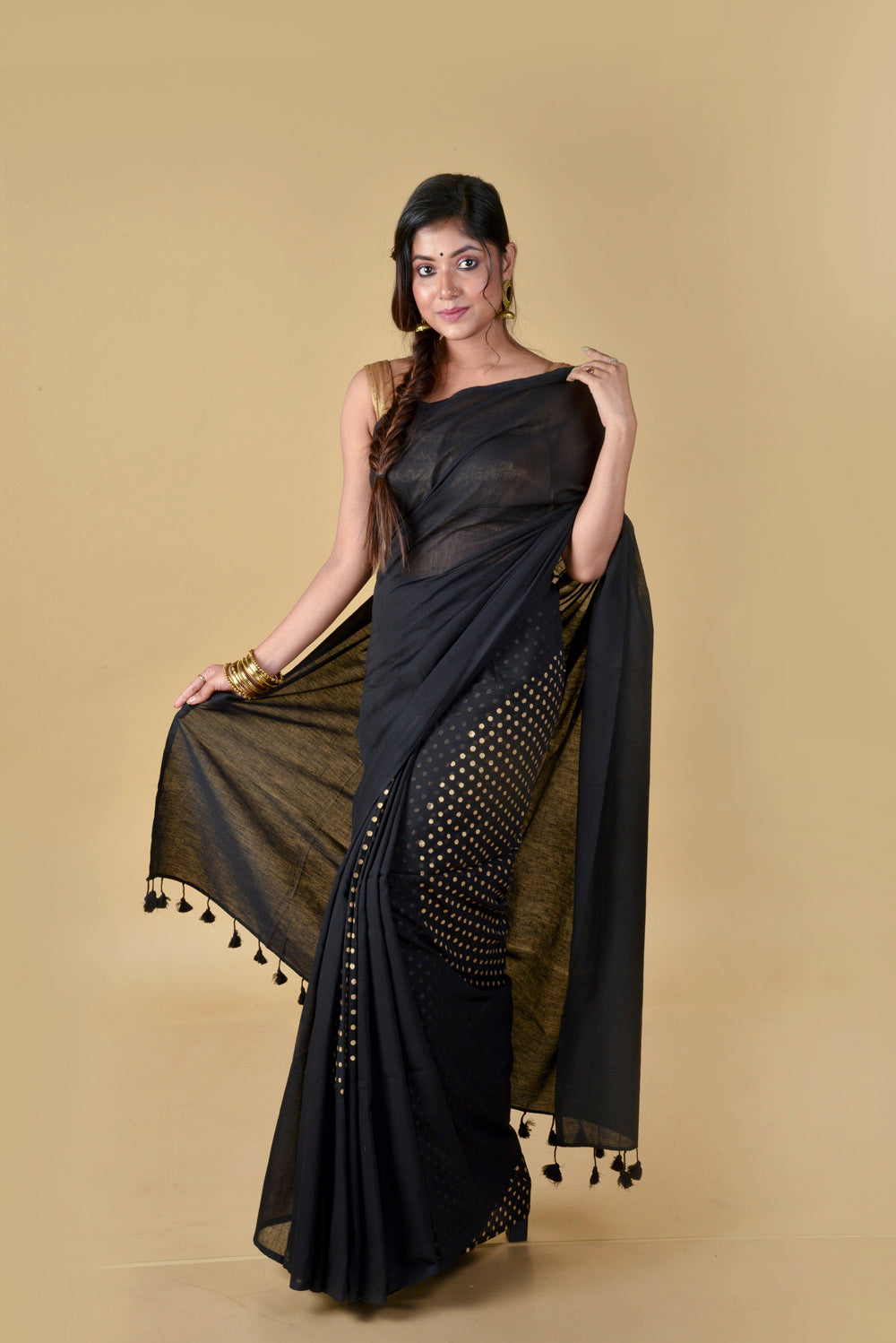 Abstract - Black & Gold - Hand Block Printed Cotton Saree
