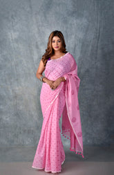 Pink (All Over Dots) - Hand Block Printed Cotton Saree