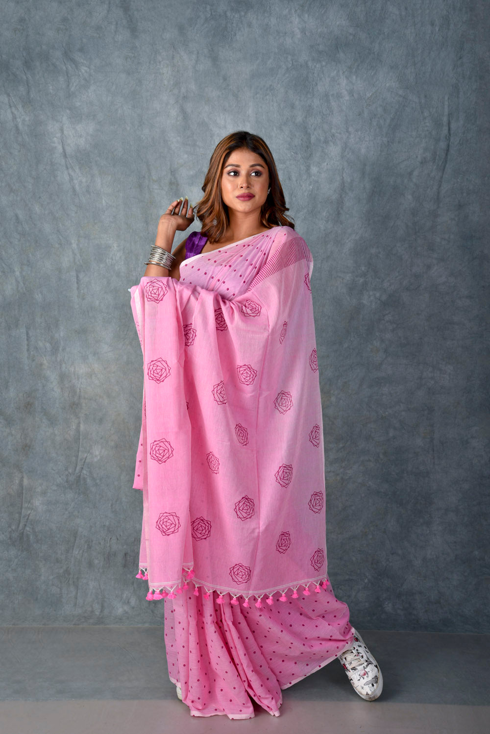 Pink (All Over Dots) - Hand Block Printed Cotton Saree