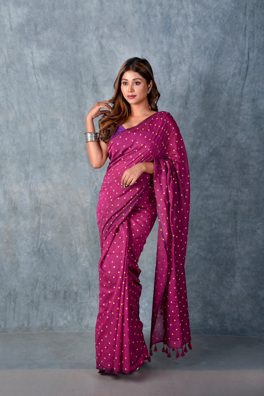 Magenta (All Over Yellow Dots) - Hand Block Printed Cotton Saree