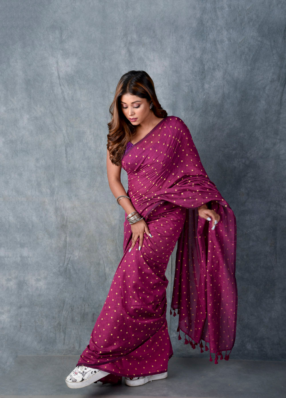 Magenta (All Over Yellow Dots) - Hand Block Printed Cotton Saree