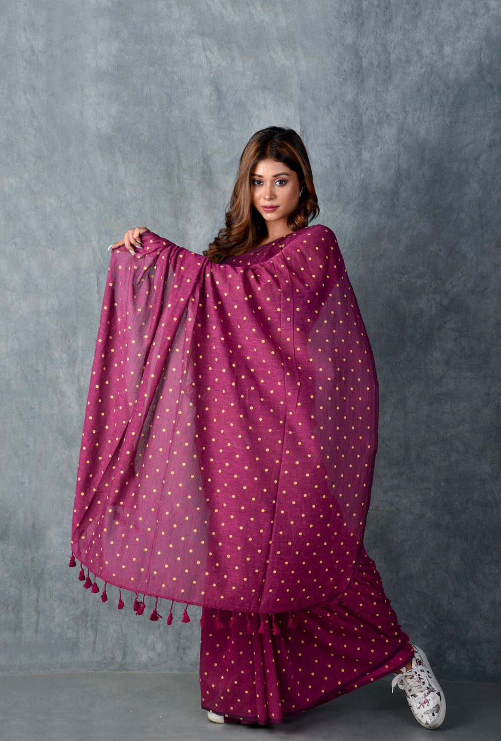 Magenta (All Over Yellow Dots) - Hand Block Printed Cotton Saree