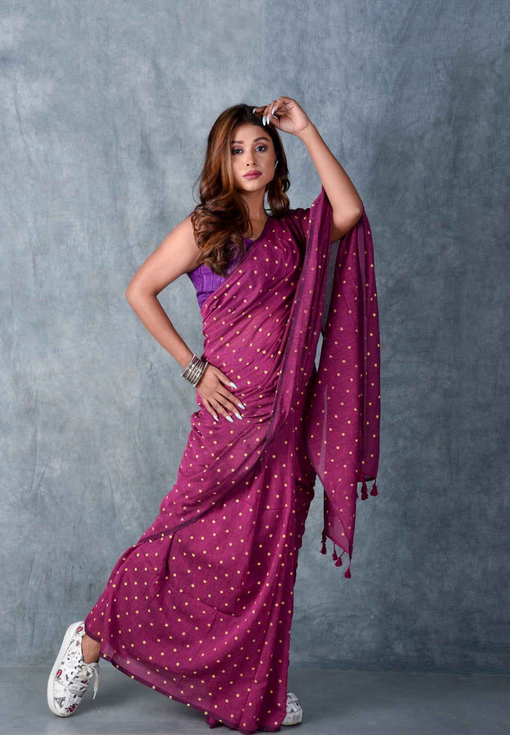 Magenta (All Over Yellow Dots) - Hand Block Printed Cotton Saree
