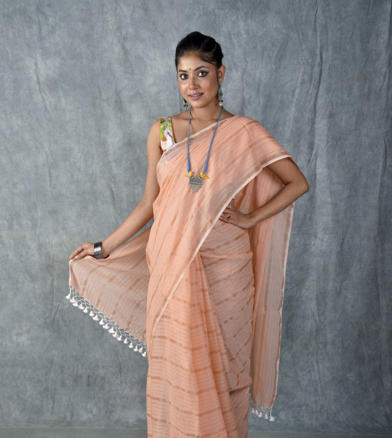 Peach Silver Zari Stripes