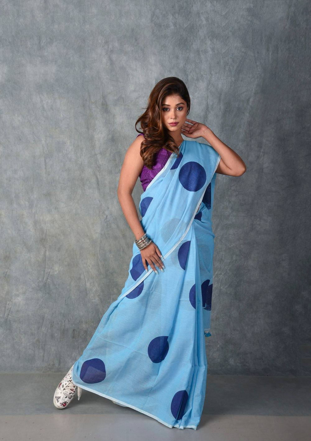 Sky and Navy Blue Polka - Hand Block Printed Cotton Saree