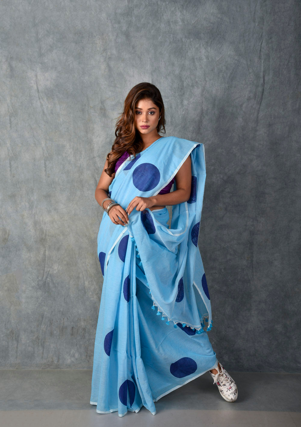 Sky and Navy Blue Polka - Hand Block Printed Cotton Saree