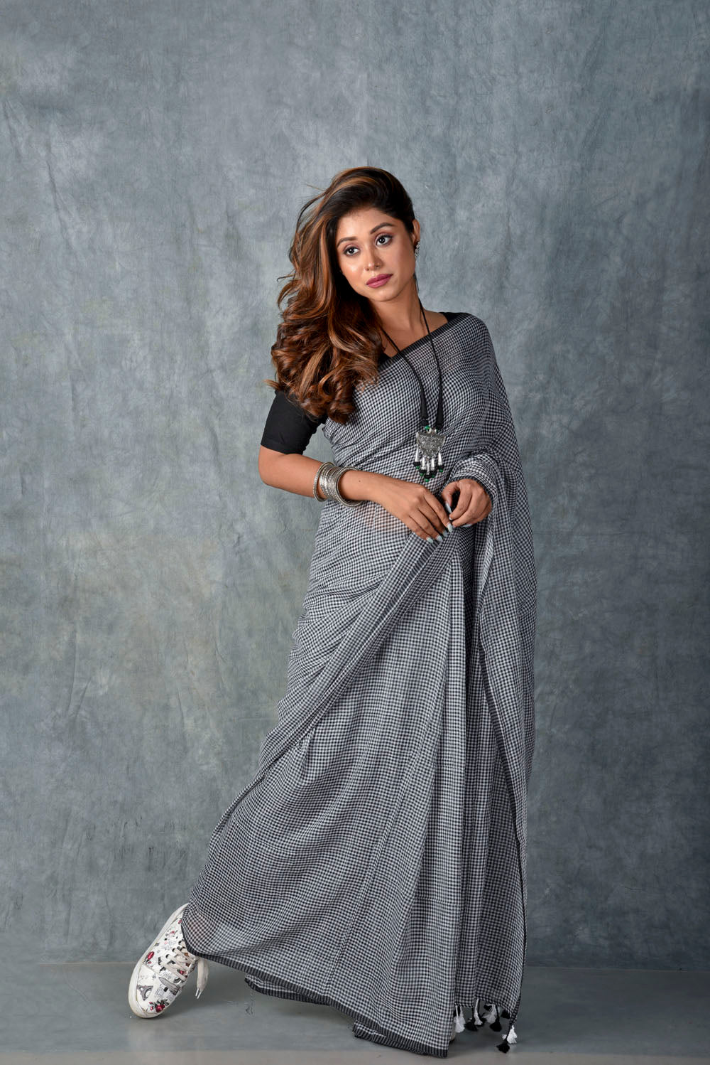 Black & White Checks Saree