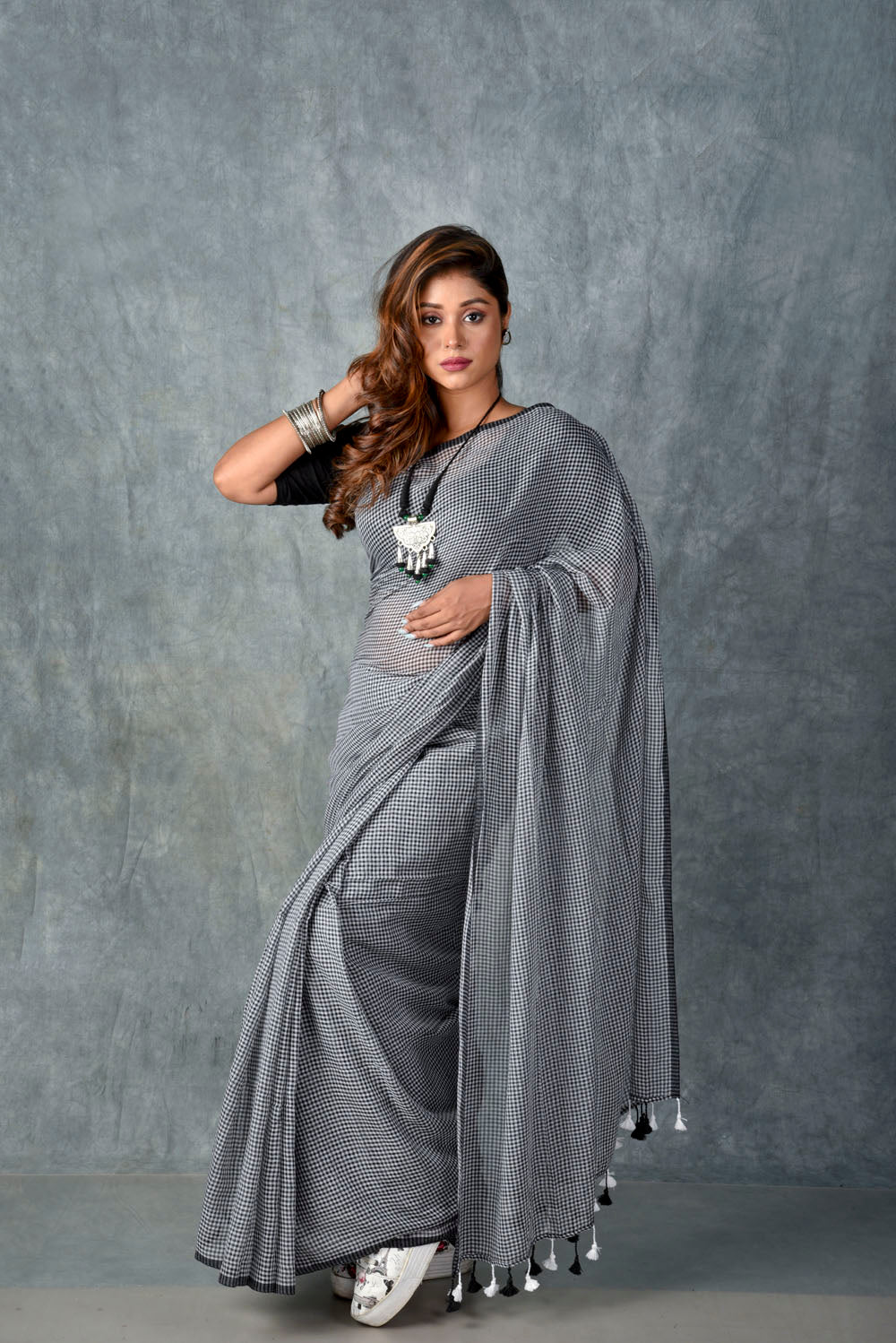 Black & White Checks Saree