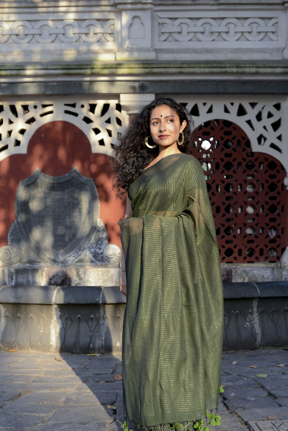 Sap Green Zari Lines Saree