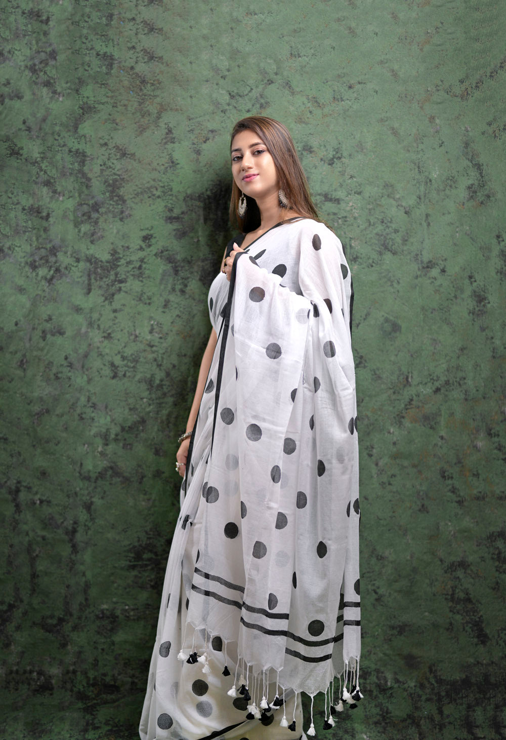 Black & White Polka Dots - Hand Block Printed Cotton Saree