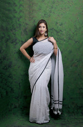 Black & White (All Over Dots) - Hand Block Printed Cotton Saree
