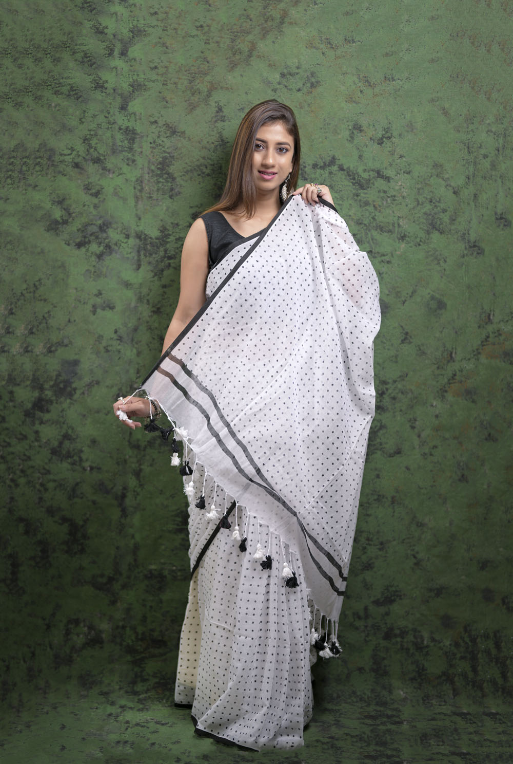 Black & White (All Over Dots) - Hand Block Printed Cotton Saree