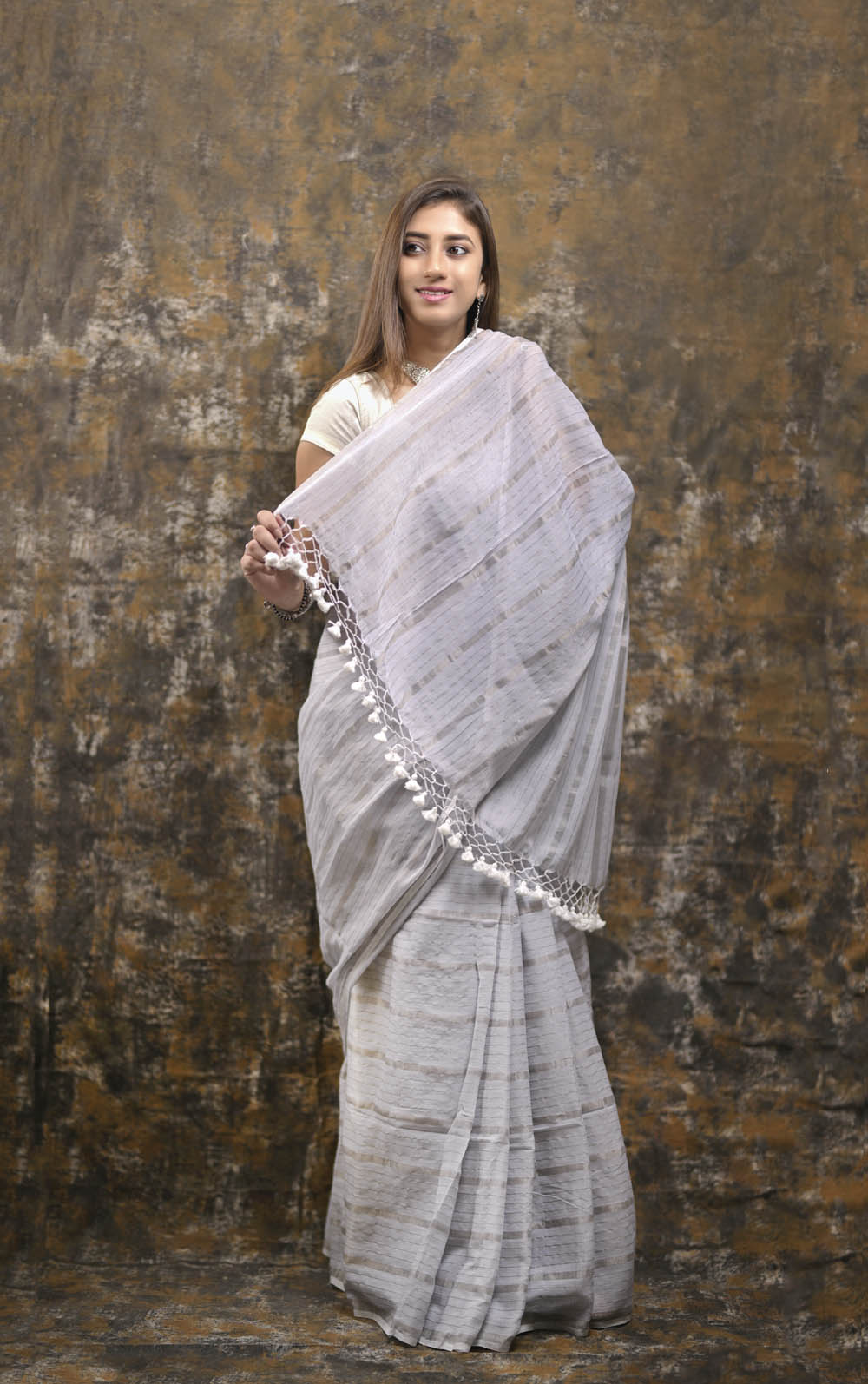 Light Grey Silver Zari Stripes