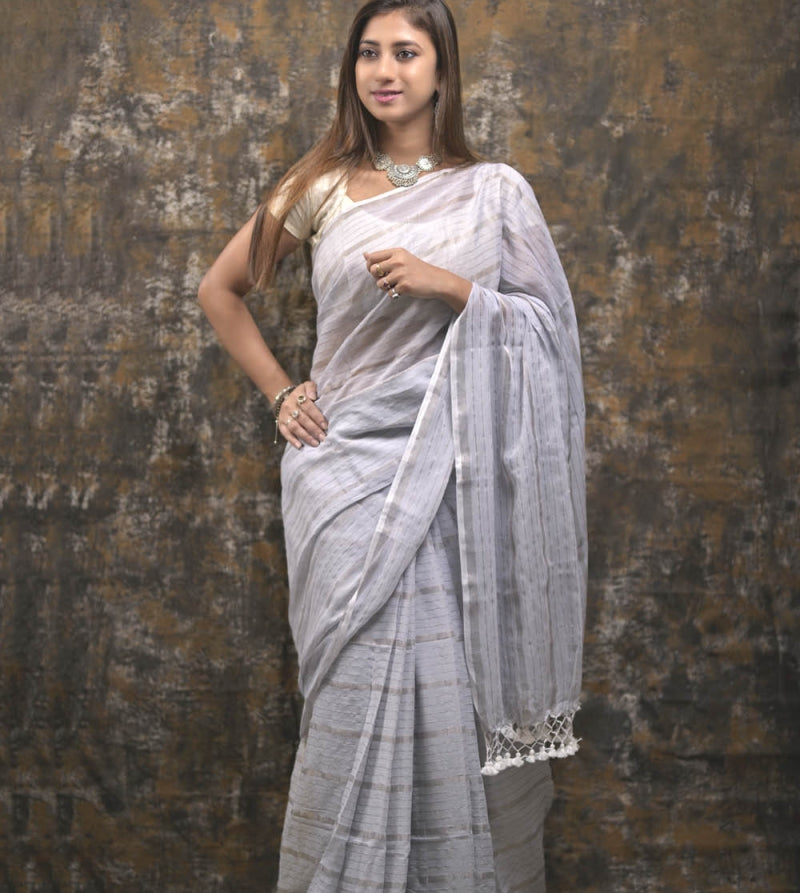 Light Grey Silver Zari Stripes