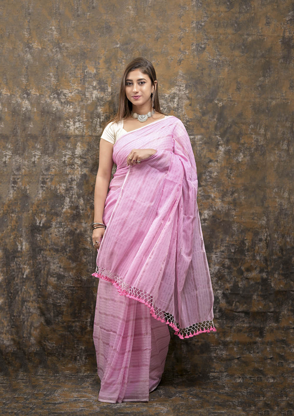 Pink Silver Zari Stripes