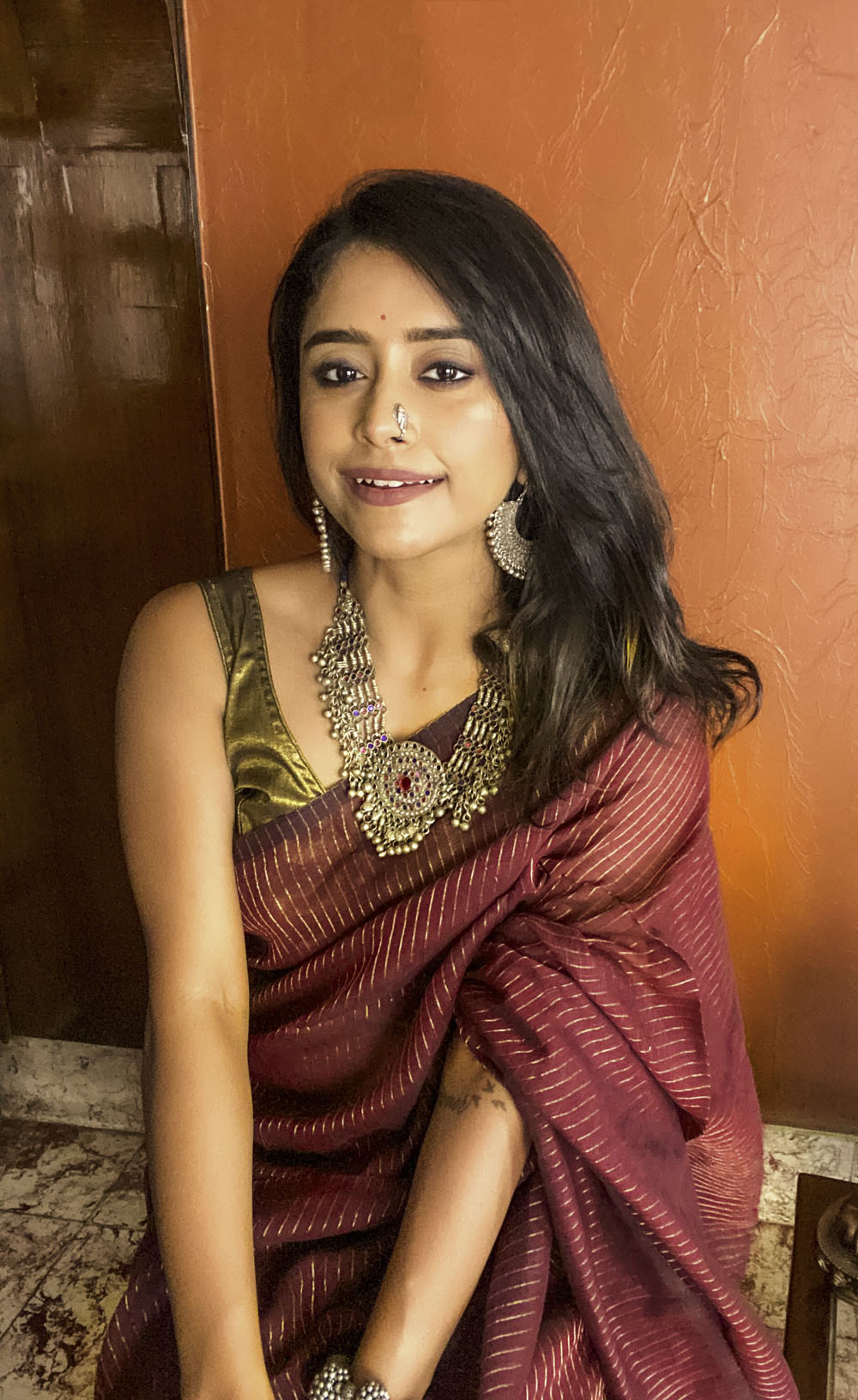 Maroon Zari Line Saree