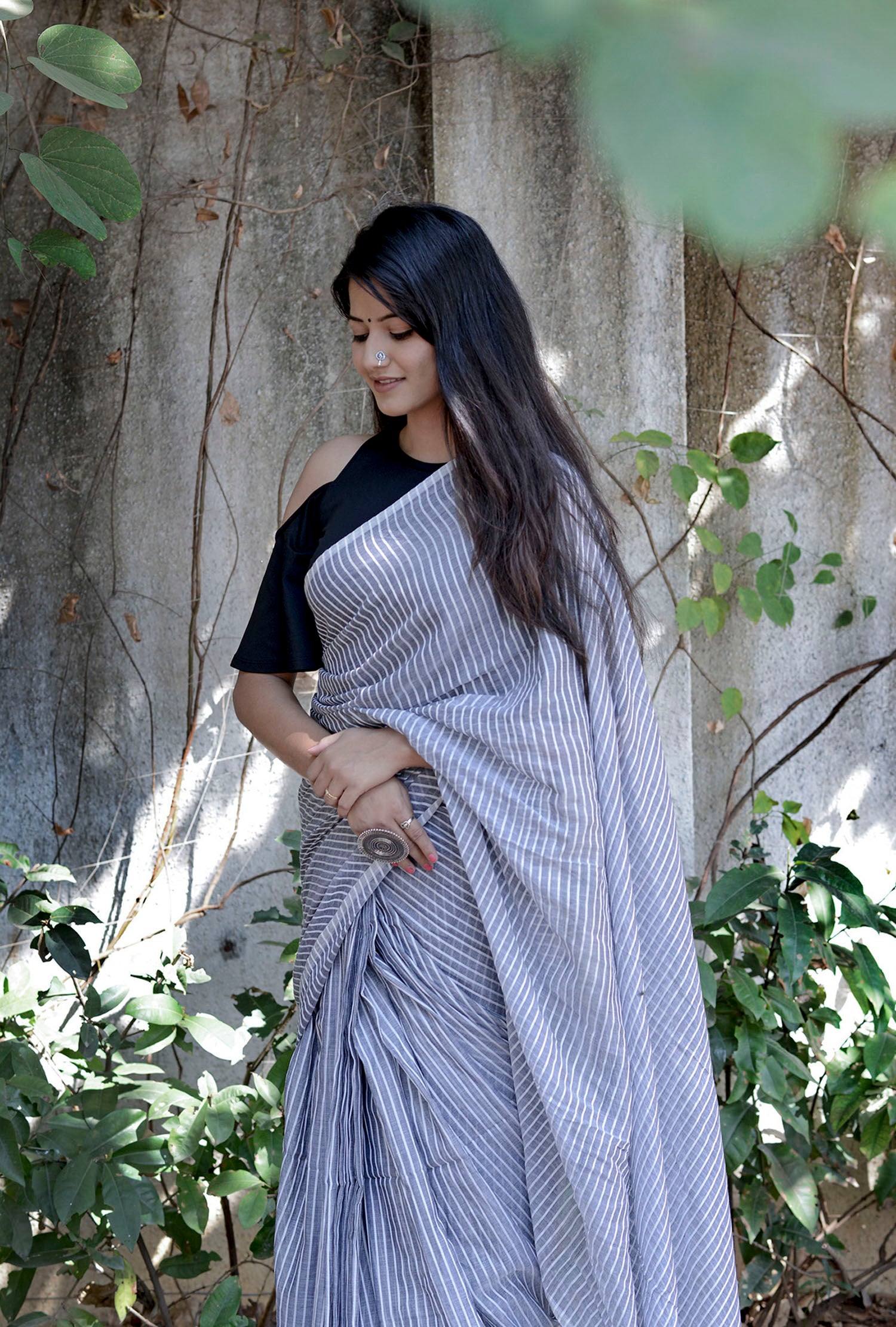 Grey Cotton Line Saree