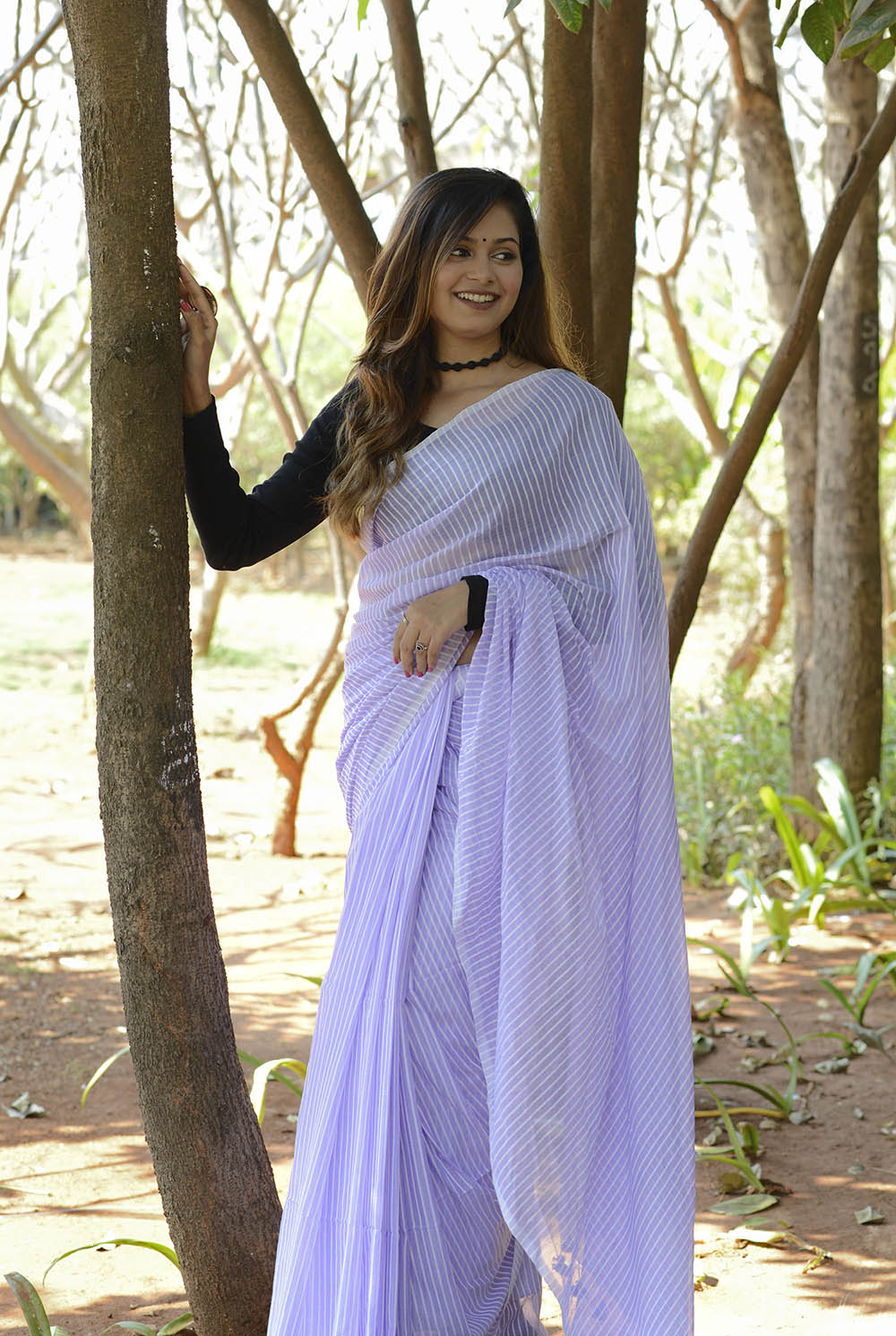 Violet Cotton Lines Saree