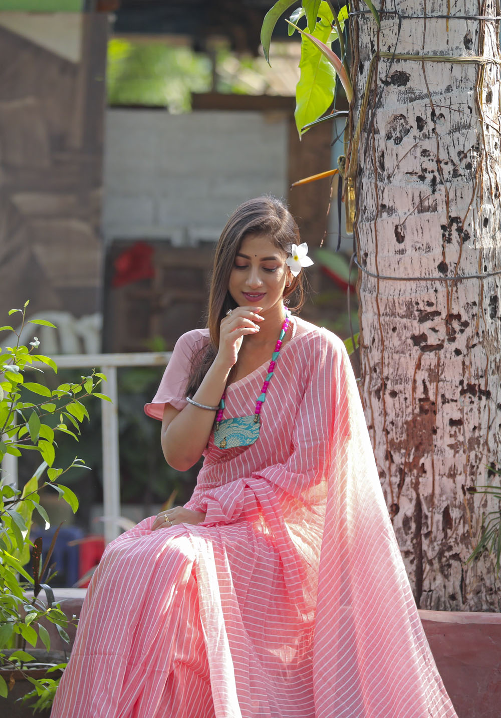 Light Orange Cotton Lines Saree