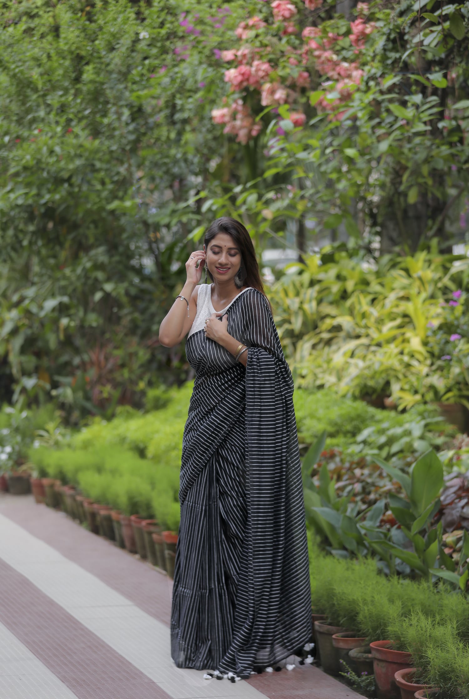 Black & White Cotton Lines Saree