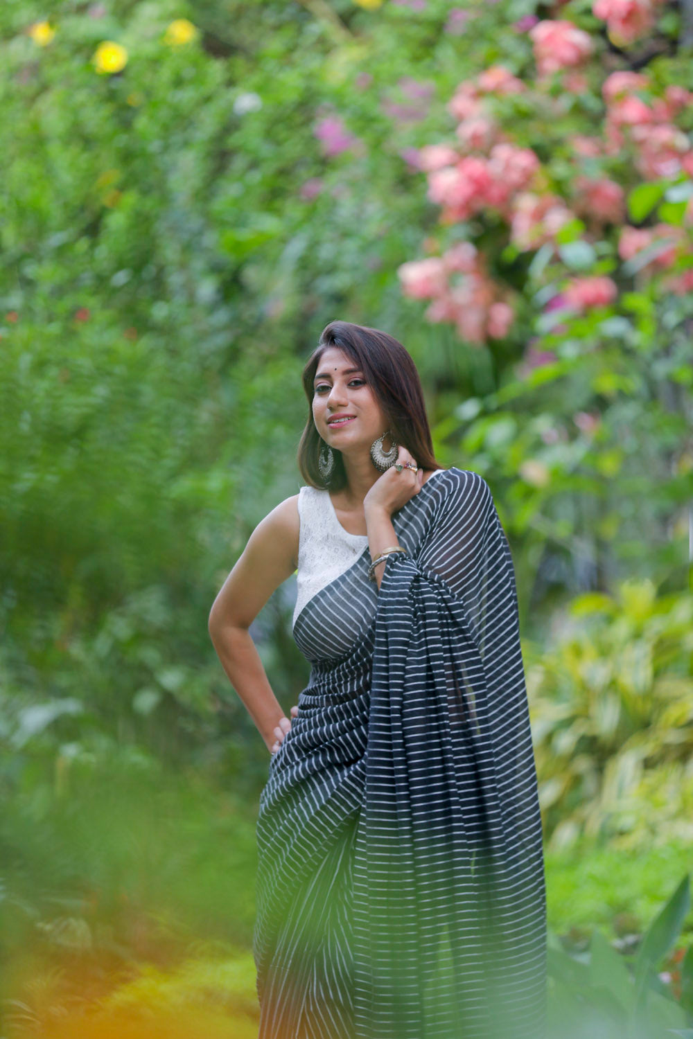 Black & White Cotton Lines Saree