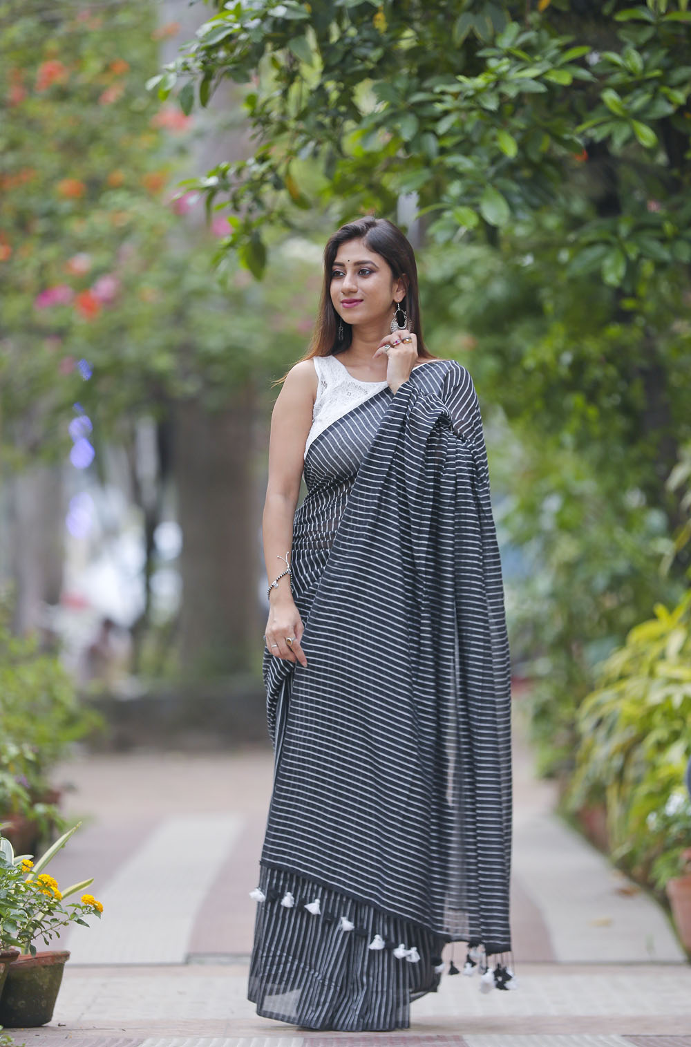 Black & White Cotton Lines Saree