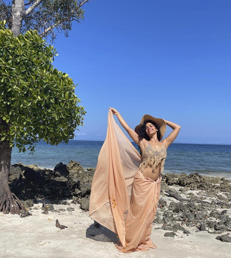 Peach Cotton Line Saree