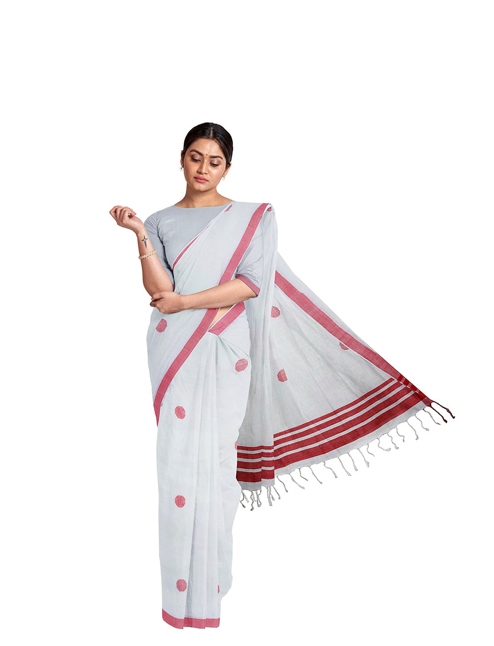Handwoven Red White Polka Dot Bawanbooti Saree