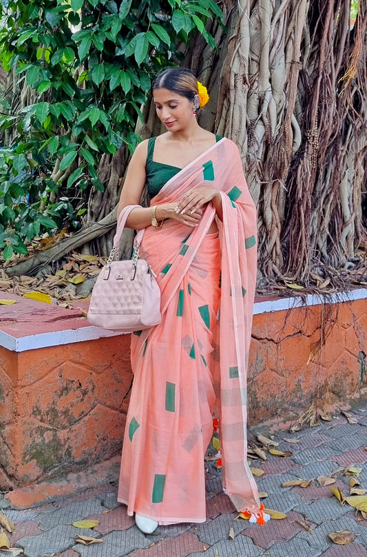 PEACH & GREEN - HAND BLOCK PRINTED COTTON SAREE