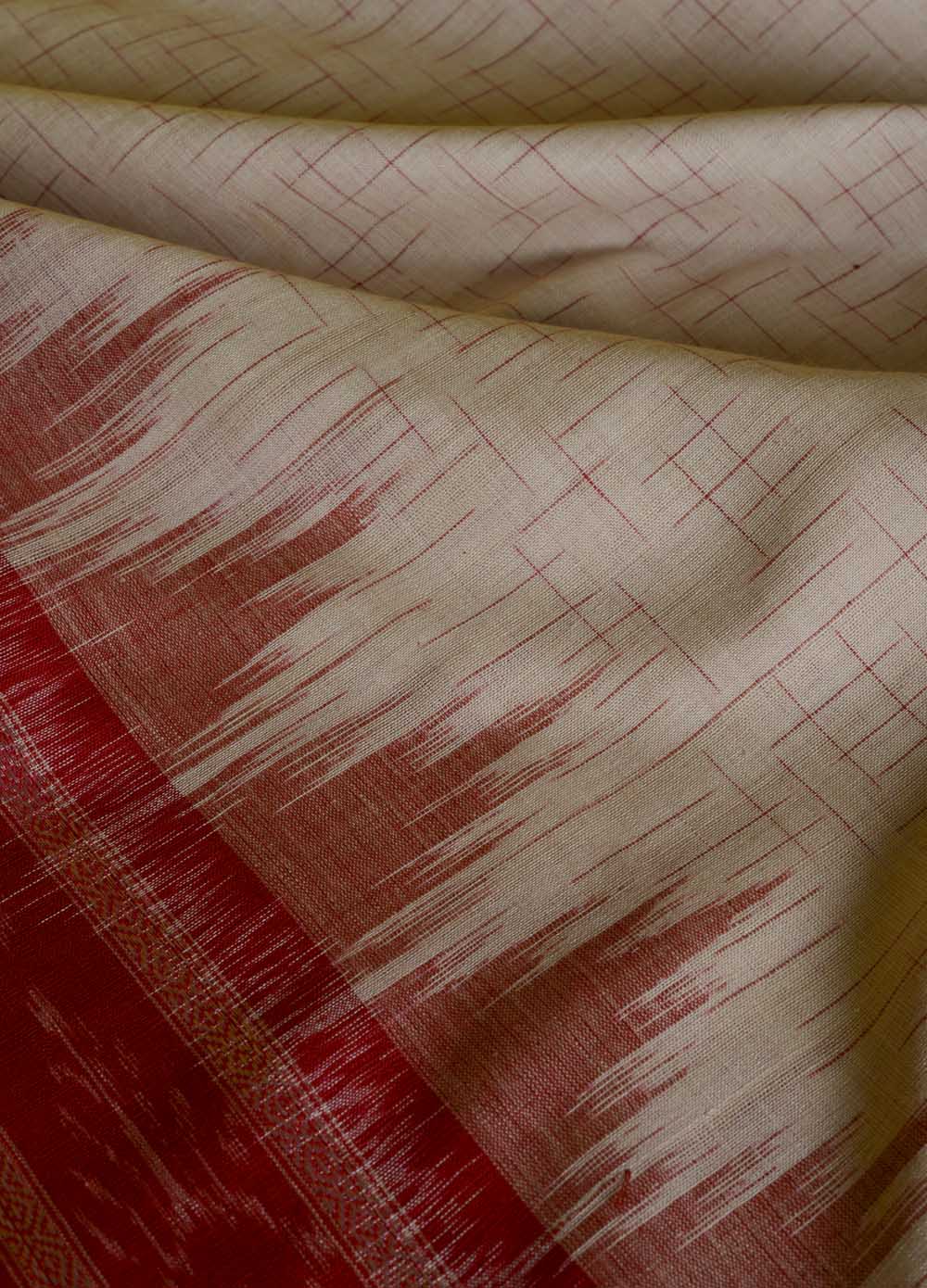Beige and Red Ikat Cotton Saree