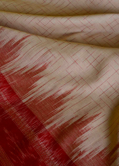 Beige and Red Ikat Cotton Saree