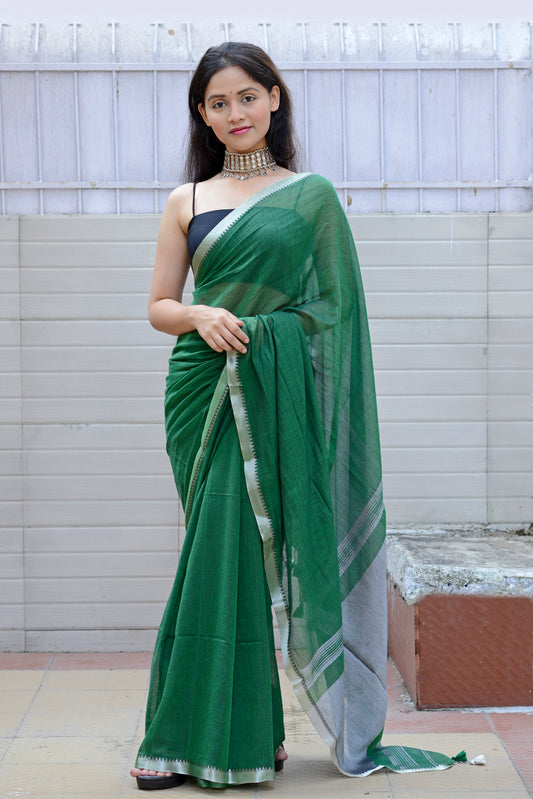 GREEN AND SILVER - LIGHT WEIGHT COTTON SAREE