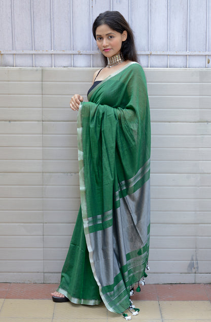 GREEN AND SILVER - LIGHT WEIGHT COTTON SAREE