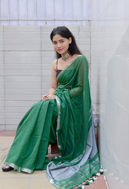 GREEN AND SILVER - LIGHT WEIGHT COTTON SAREE