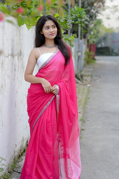 Rani Pink and Silver - Light Weight Cotton Saree