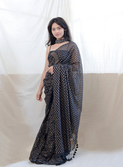 BLACK & GOLD - HAND BLOCK PRINTED COTTON SAREE