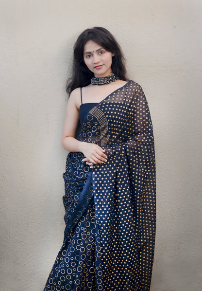 BLACK & GOLD - HAND BLOCK PRINTED COTTON SAREE