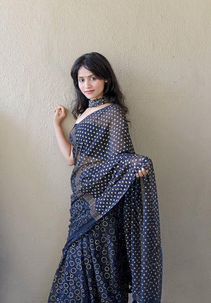 BLACK & GOLD - HAND BLOCK PRINTED COTTON SAREE