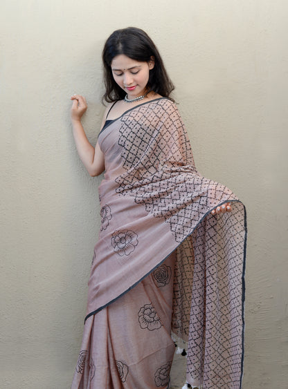 ROSY BROWN - HAND BLOCK PRINTED COTTON SAREE