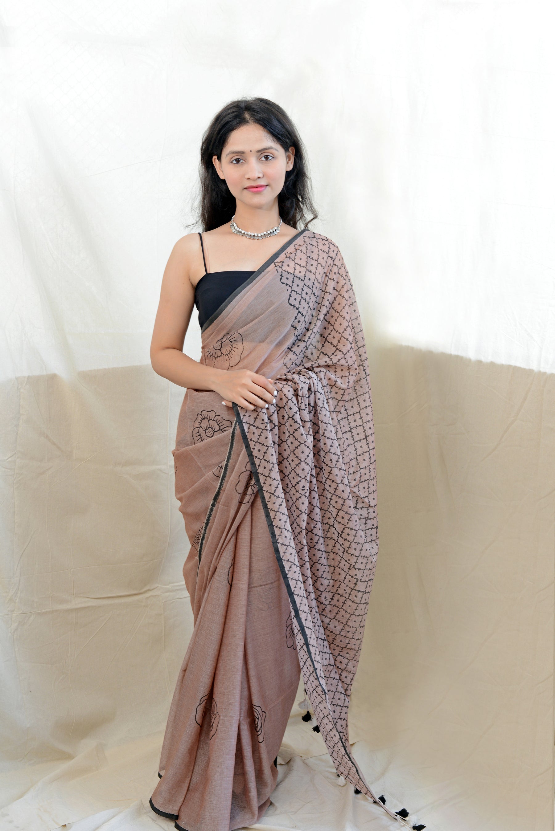 ROSY BROWN - HAND BLOCK PRINTED COTTON SAREE