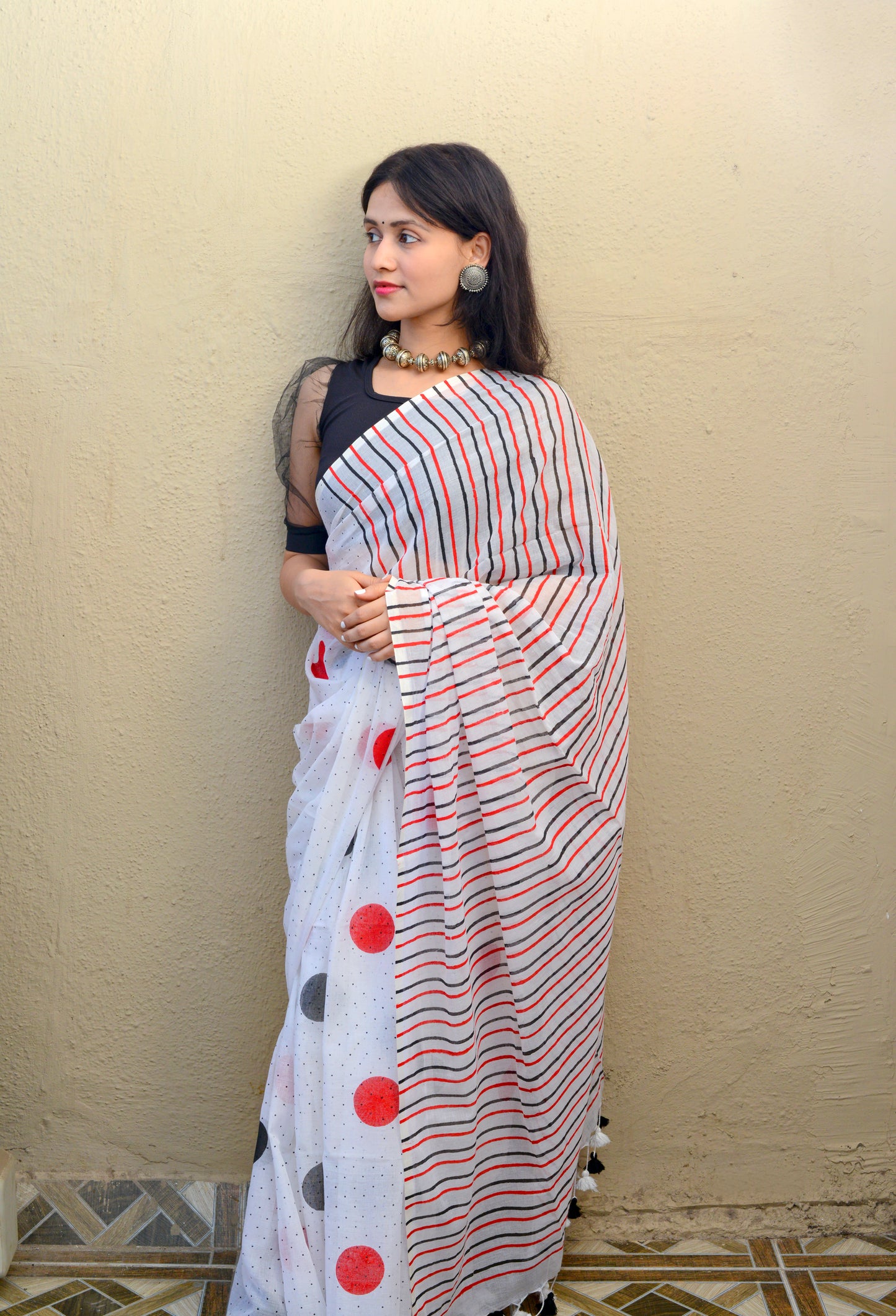 Red Black Polka Dots (with all over dots) - Hand Block Printed Cotton Saree