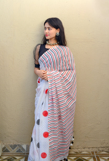 Red Black Polka Dots (with all over dots) - Hand Block Printed Cotton Saree