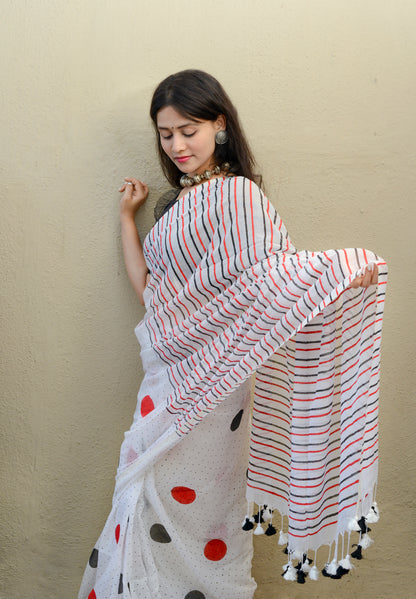 Red Black Polka Dots (with all over dots) - Hand Block Printed Cotton Saree
