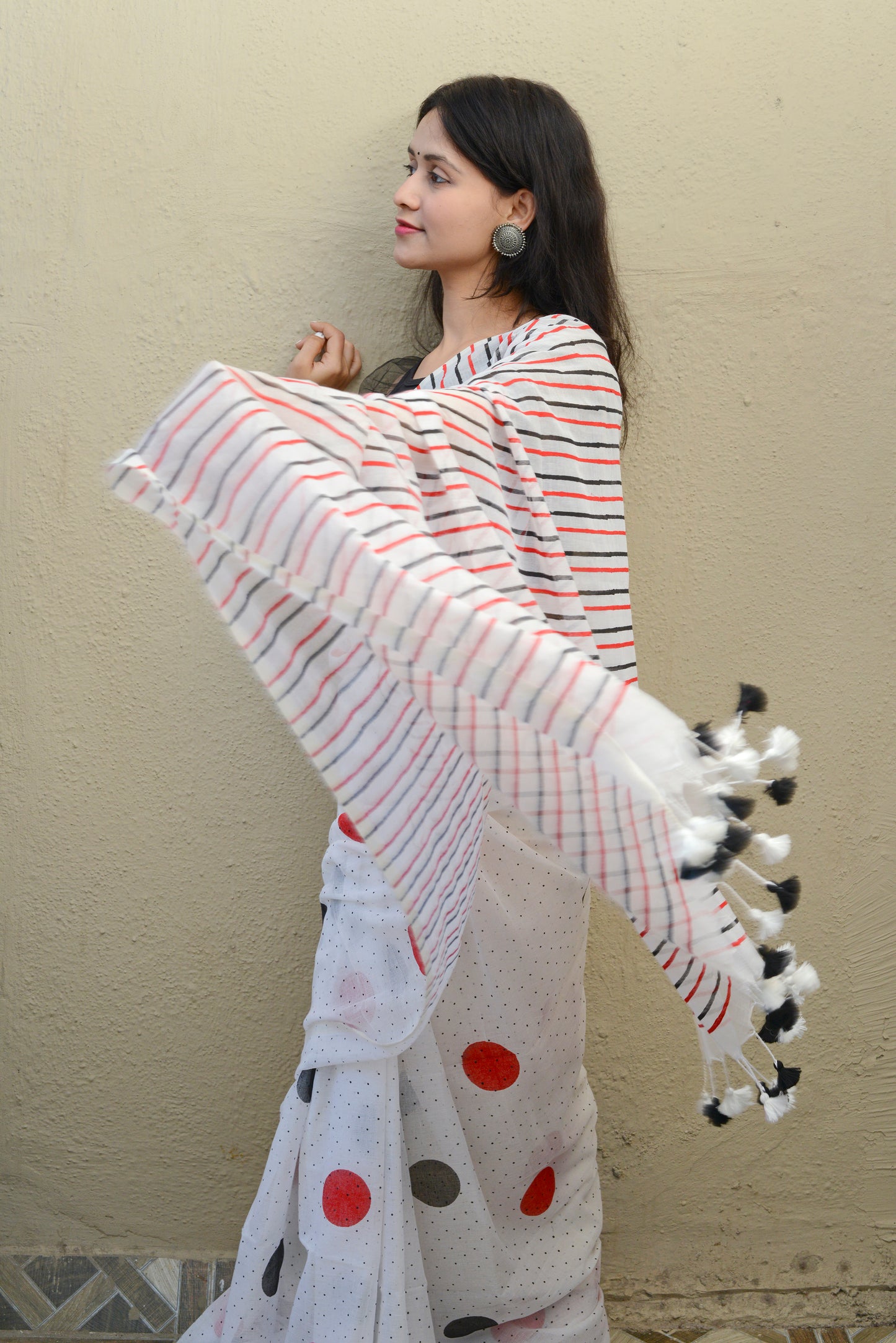 Red Black Polka Dots (with all over dots) - Hand Block Printed Cotton Saree