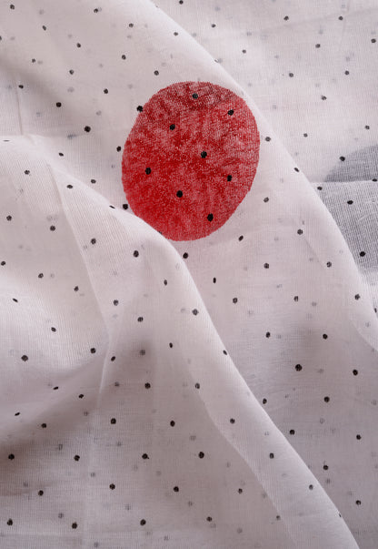 Red Black Polka Dots (with all over dots) - Hand Block Printed Cotton Saree