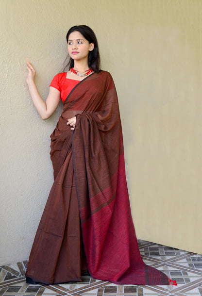 Dark Brown and Maroon - Handwoven Cotton Saree