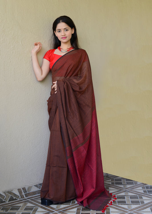 Dark Brown and Maroon - Handwoven Cotton Saree