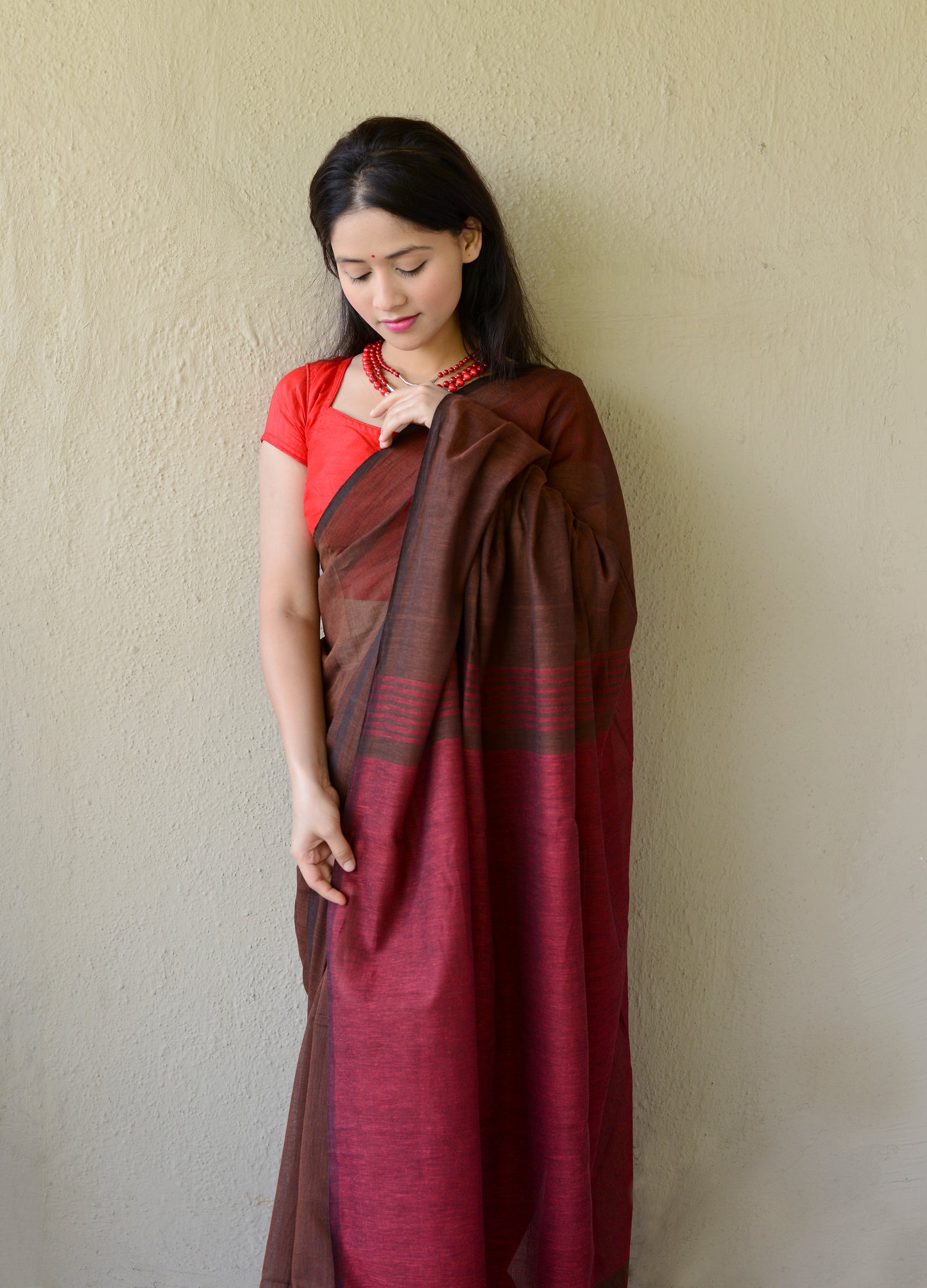 Dark Brown and Maroon - Handwoven Cotton Saree