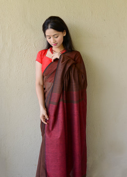 Dark Brown and Maroon - Handwoven Cotton Saree