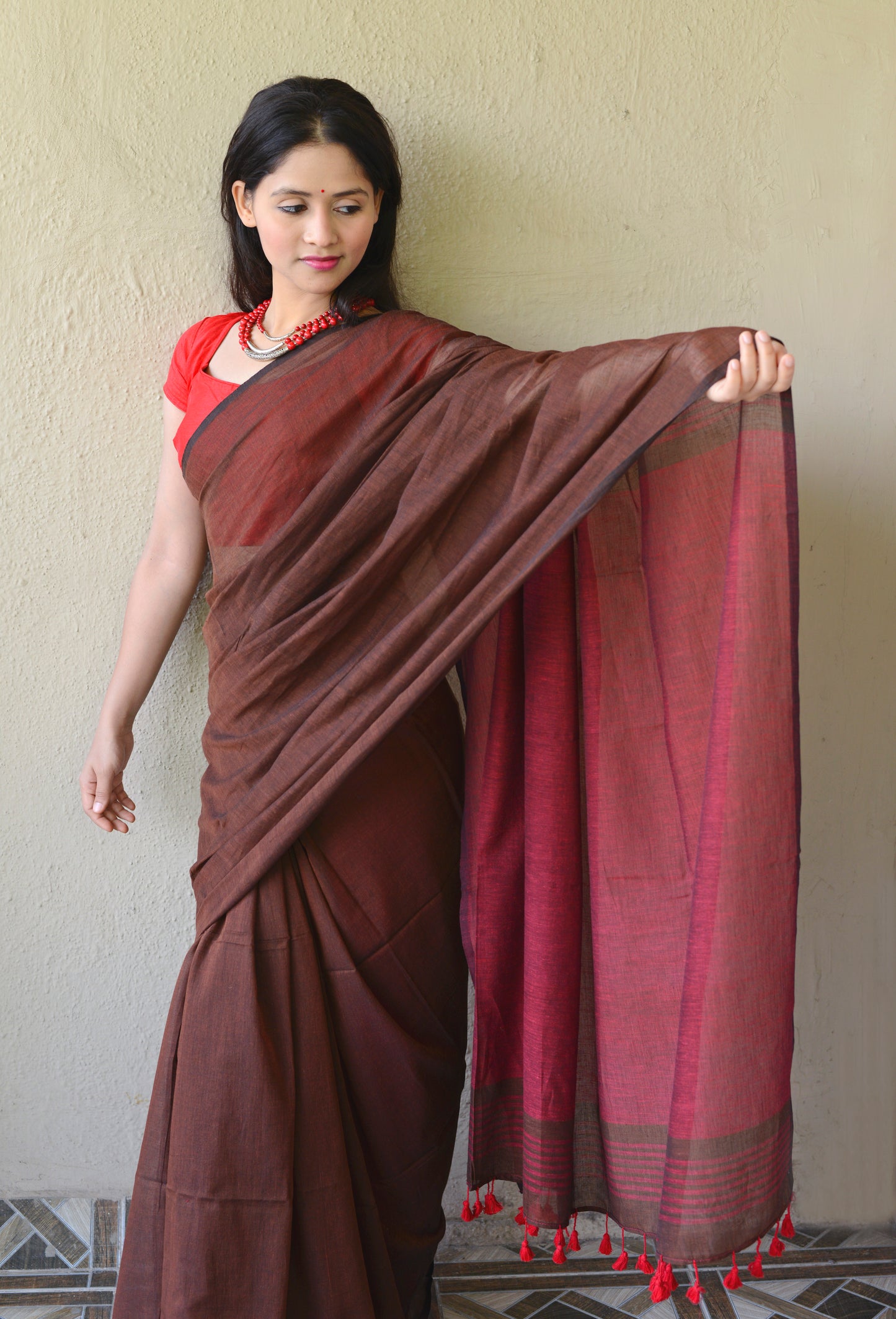 Dark Brown and Maroon - Handwoven Cotton Saree